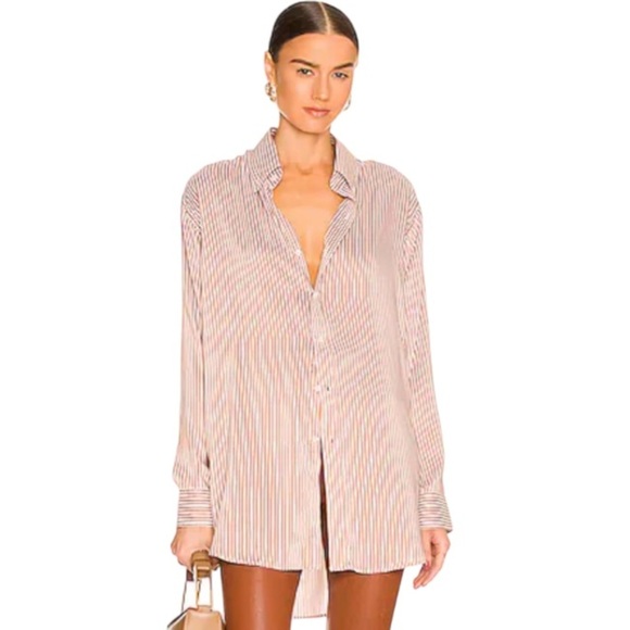 SPRWMN Silk Striped Button-Up Shirt Oversized NWT in Tan White - Picture 1 of 9
